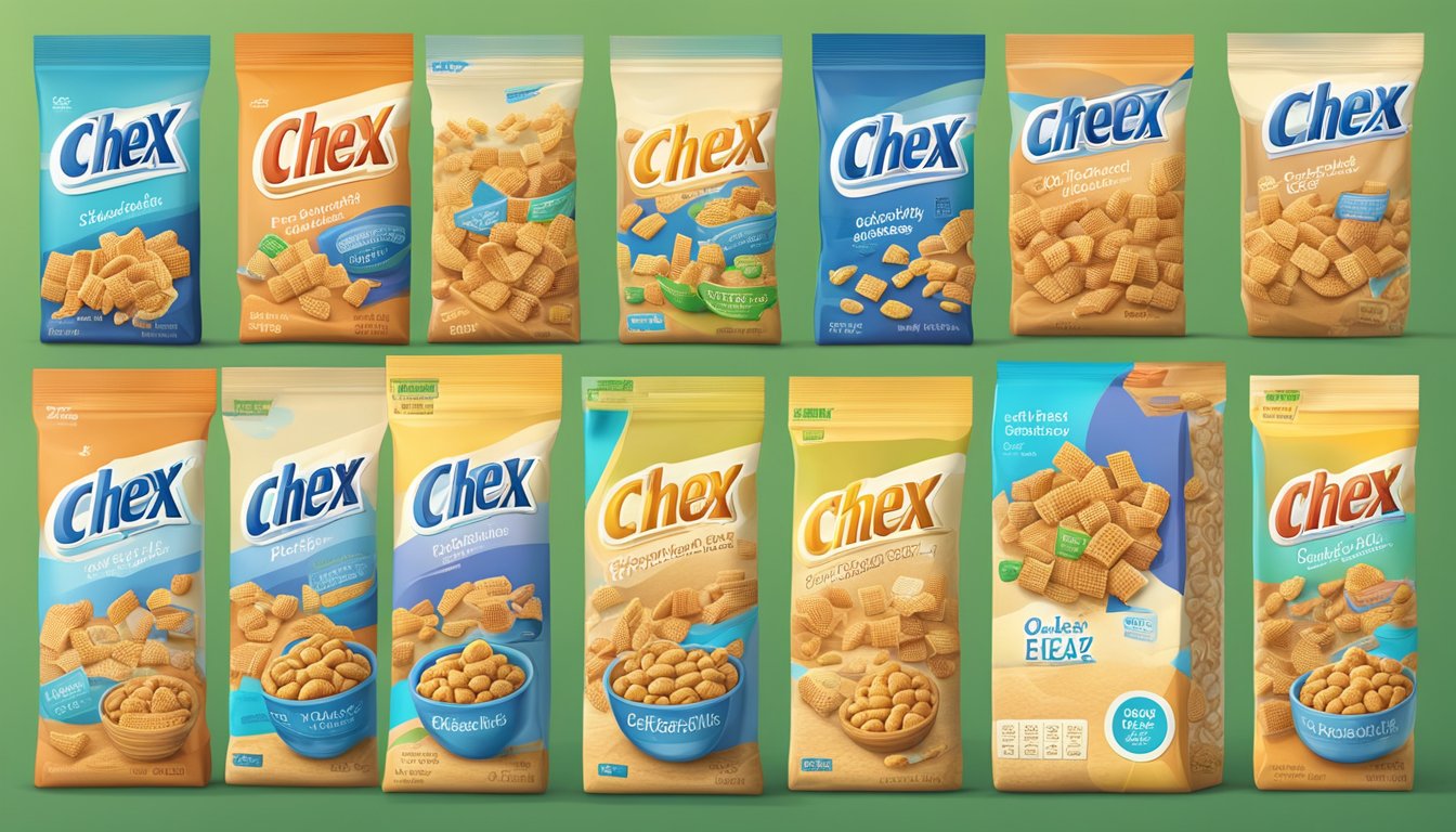 A colorful market display with boxes of Chex and Crispix cereal, accompanied by nutritional information and price tags