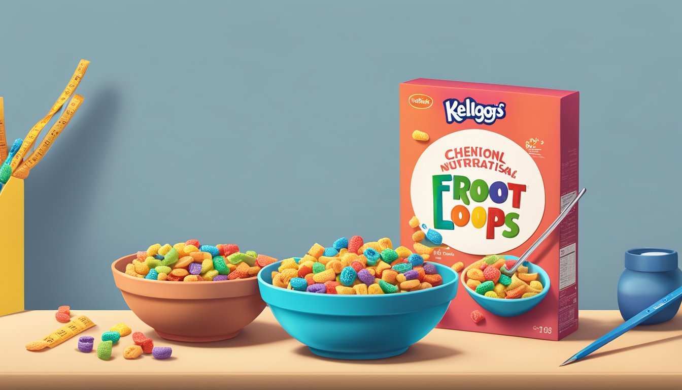 A bowl of Chex cereal next to a bowl of Kellogg's Froot Loops, with a measuring tape and nutritional labels on the table