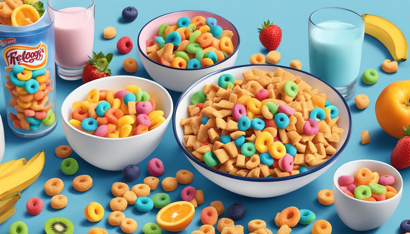 A bowl of Chex and a bowl of Kellogg's Froot Loops side by side, surrounded by various fruits and a glass of milk