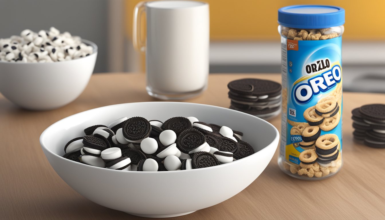 A bowl of Chex cereal next to a bowl of Oreo O's, with a nutrition label in the background