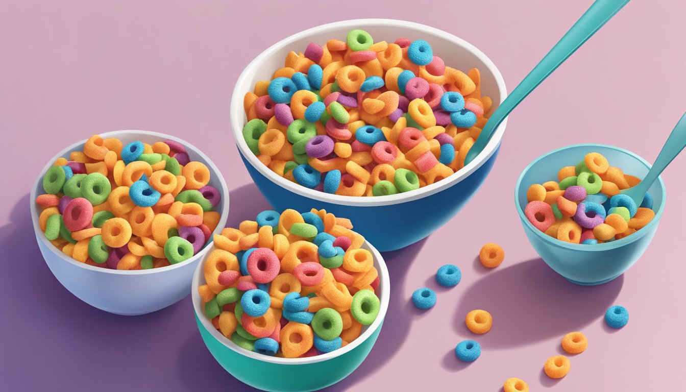 A bowl of Chex and a bowl of Kellogg's Froot Loops side by side, with a measuring cup next to them