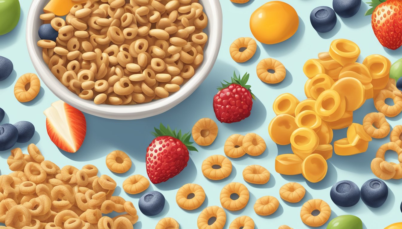 A bowl of Vitamins and Minerals Chex and a bowl of Honey Nut Cheerios side by side, surrounded by various fruits and a glass of milk