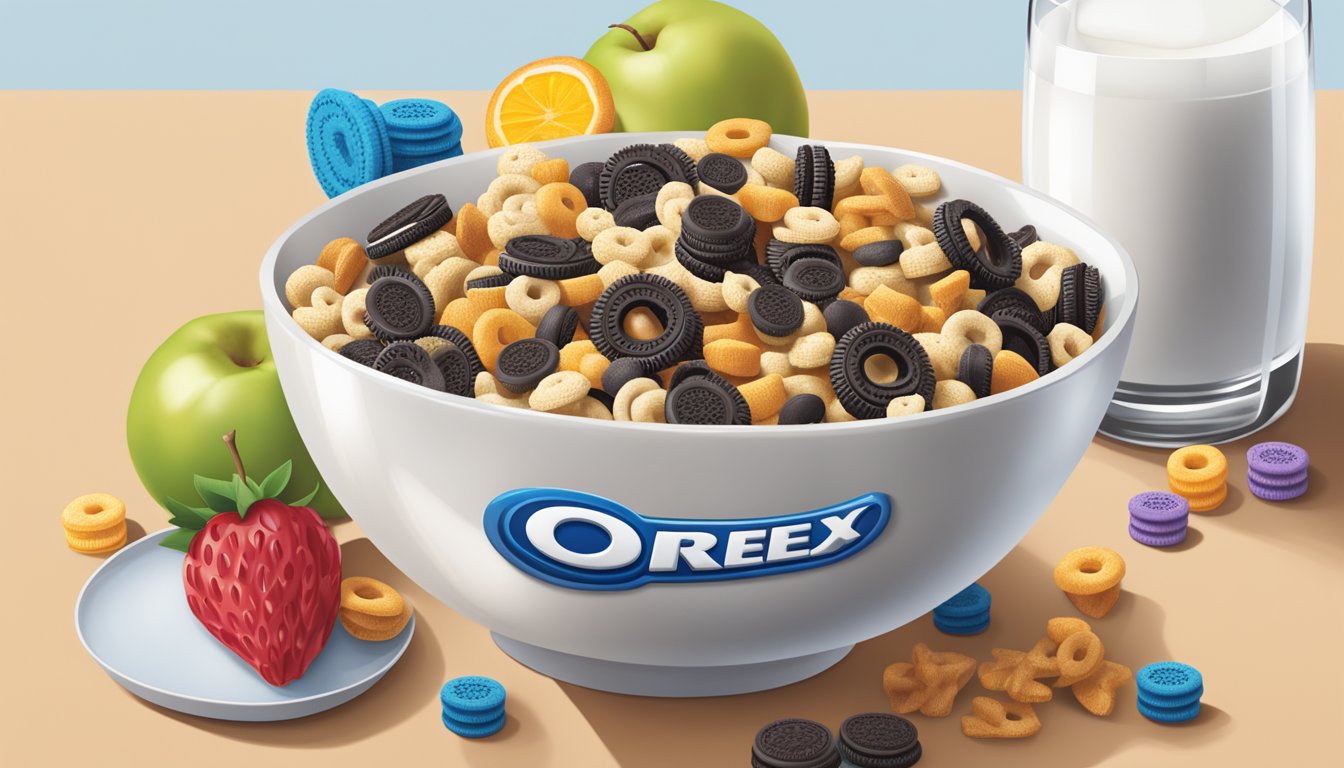 A bowl of Chex and Oreo O's cereal side by side, surrounded by various fruits and a glass of milk