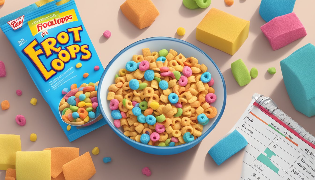 A bowl of Chex and a bowl of Kellogg's Froot Loops next to each other with a tape measure and nutrition labels