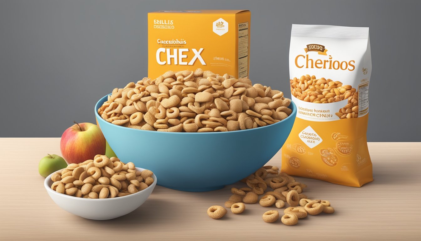 A bowl of Chex and a bowl of Honey Nut Cheerios surrounded by various fruits and nuts, with a nutrition label in the background