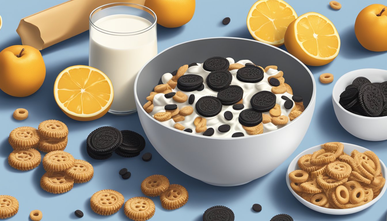 A bowl of Chex cereal and a bowl of Oreo O's cereal sitting side by side on a kitchen table, surrounded by various fruits and a glass of milk