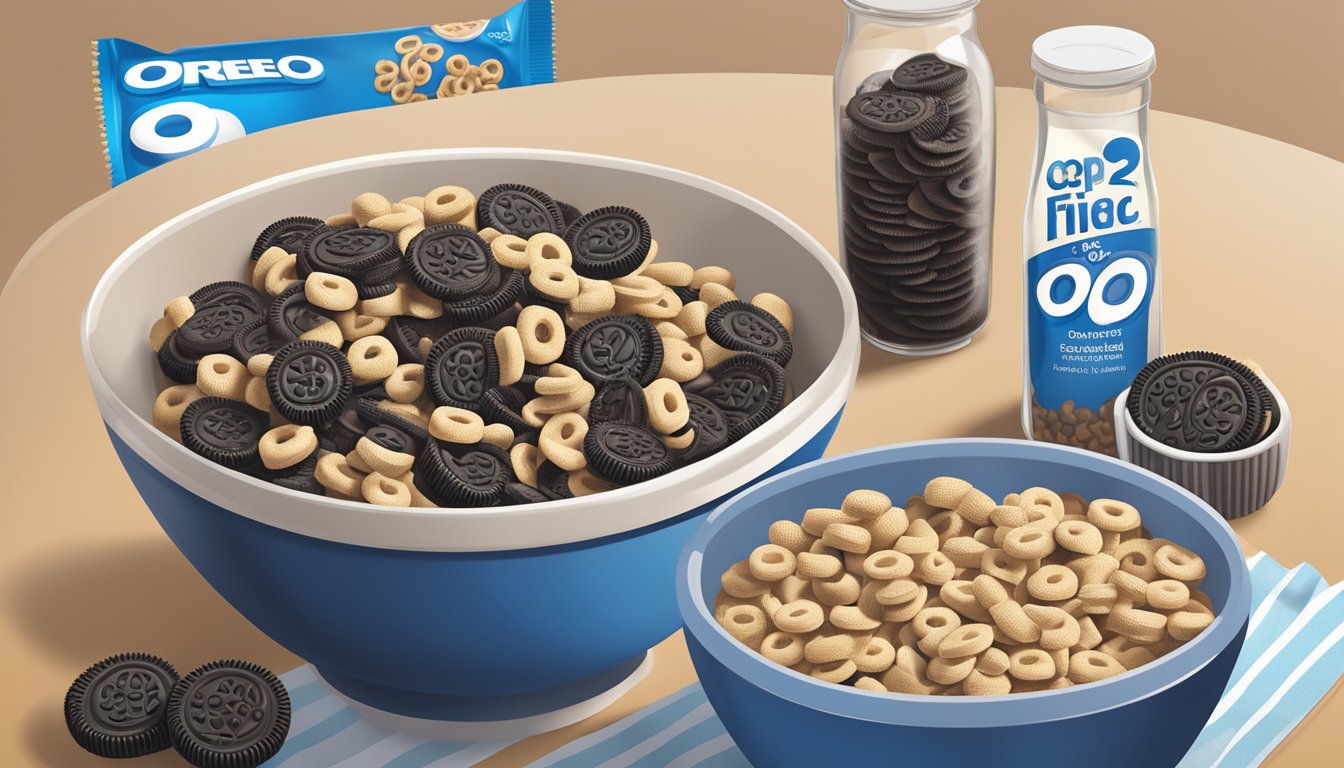 A bowl of Chex and Oreo O's cereal side by side, surrounded by measuring cups and nutritional labels