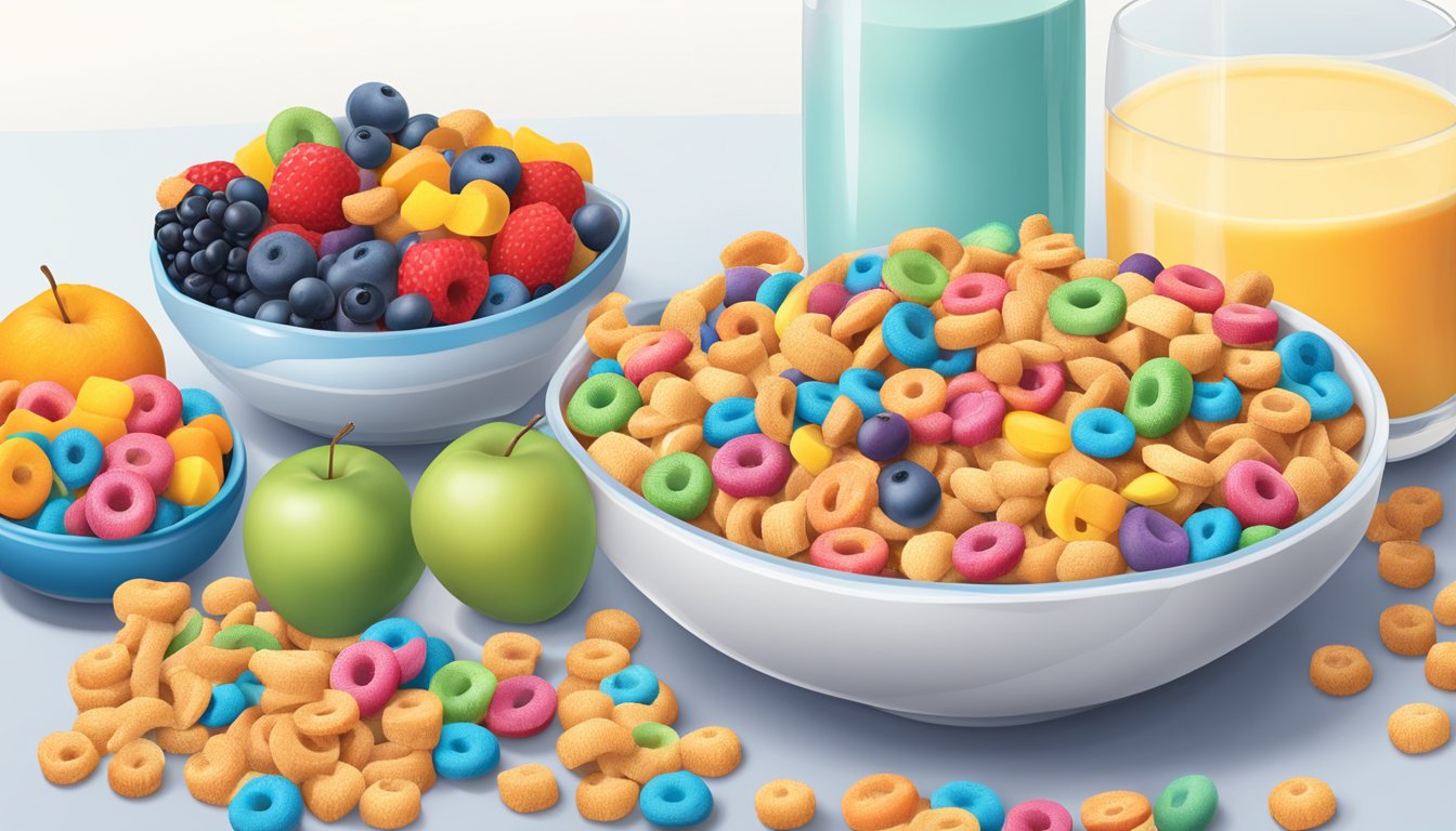 A bowl of Chex and Froot Loops side by side, surrounded by various fruits and a glass of milk