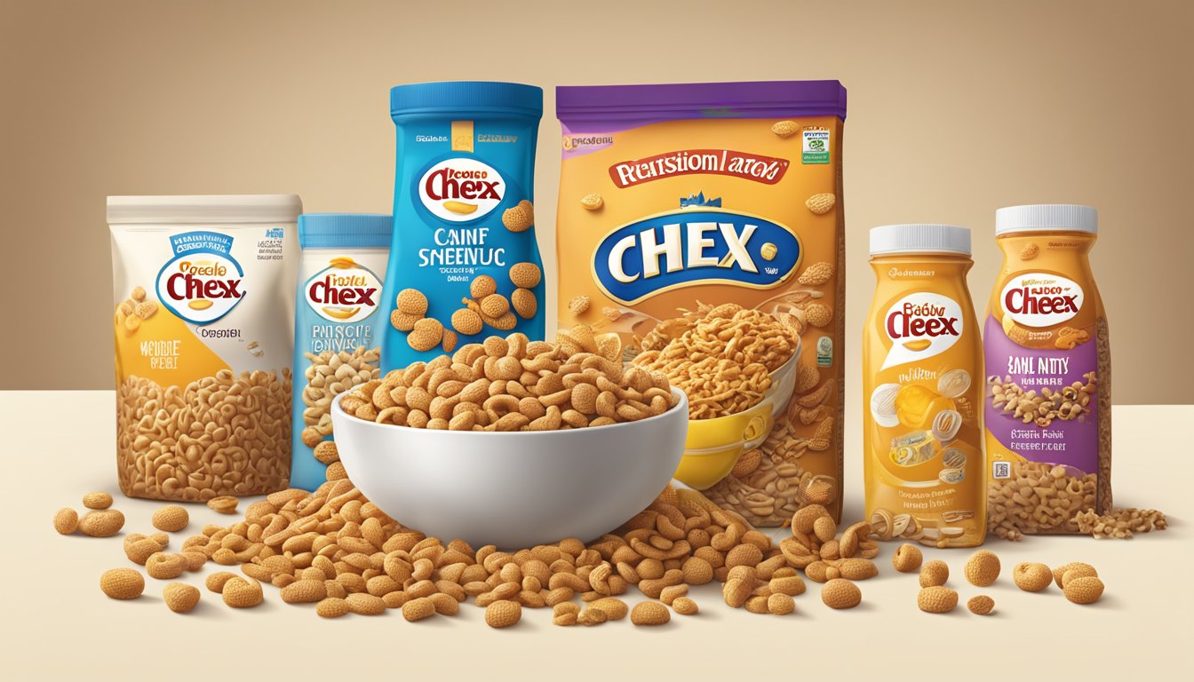 A bowl of chex and honey nut cheerios side by side, surrounded by a variety of whole grain and nut ingredients