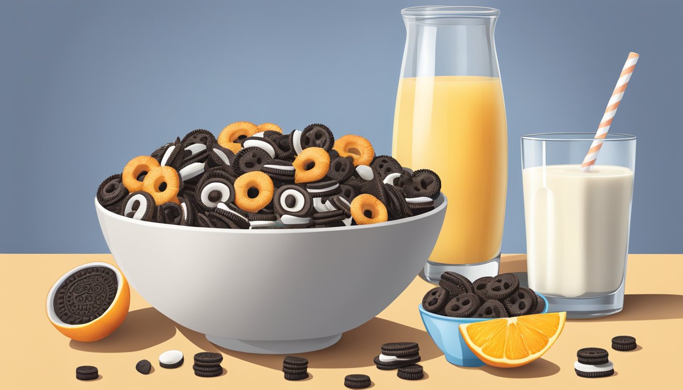 A bowl of Chex and Oreo O's cereal side by side with a glass of milk, surrounded by a variety of fresh fruits and a jug of orange juice