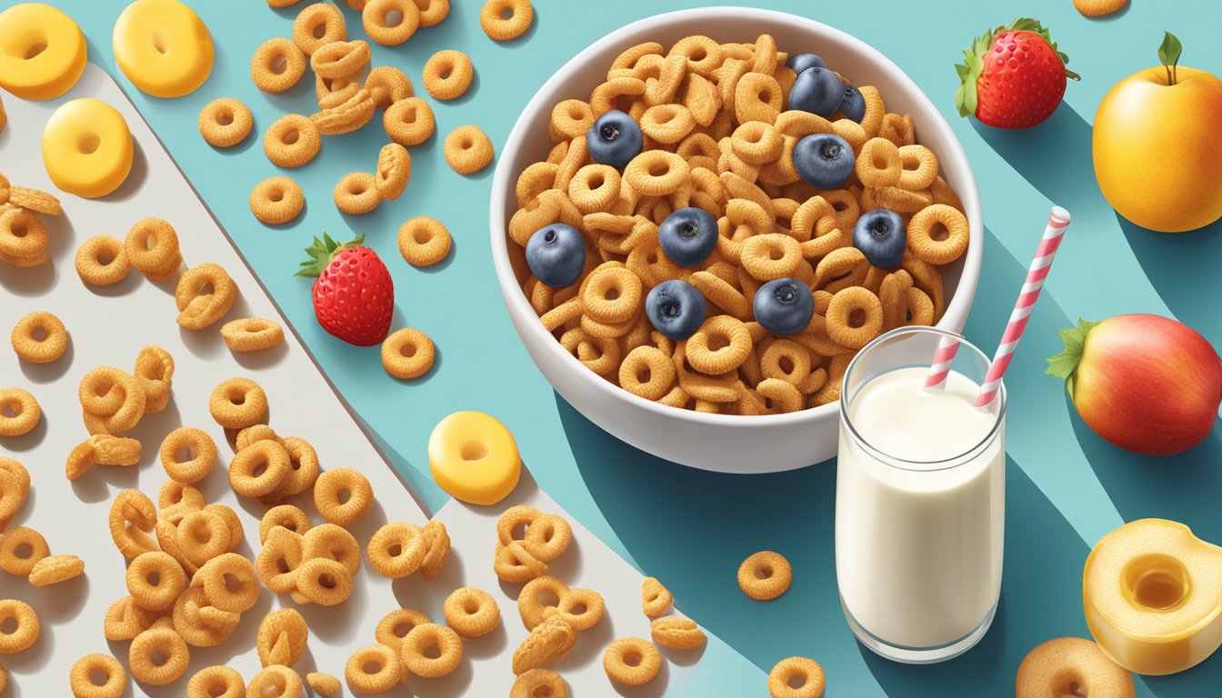 A bowl of Chex and a bowl of Honey Nut Cheerios side by side, surrounded by various fruits and a glass of milk