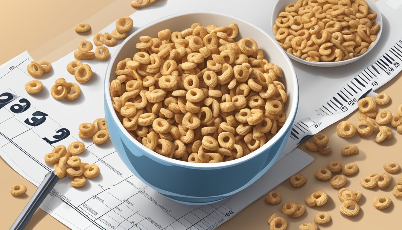 A bowl of Chex and Honey Nut Cheerios with a measuring tape and nutritional information nearby