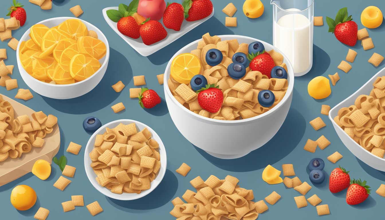 A bowl of Chex and Special K cereal with milk, surrounded by various fruits and a measuring tape