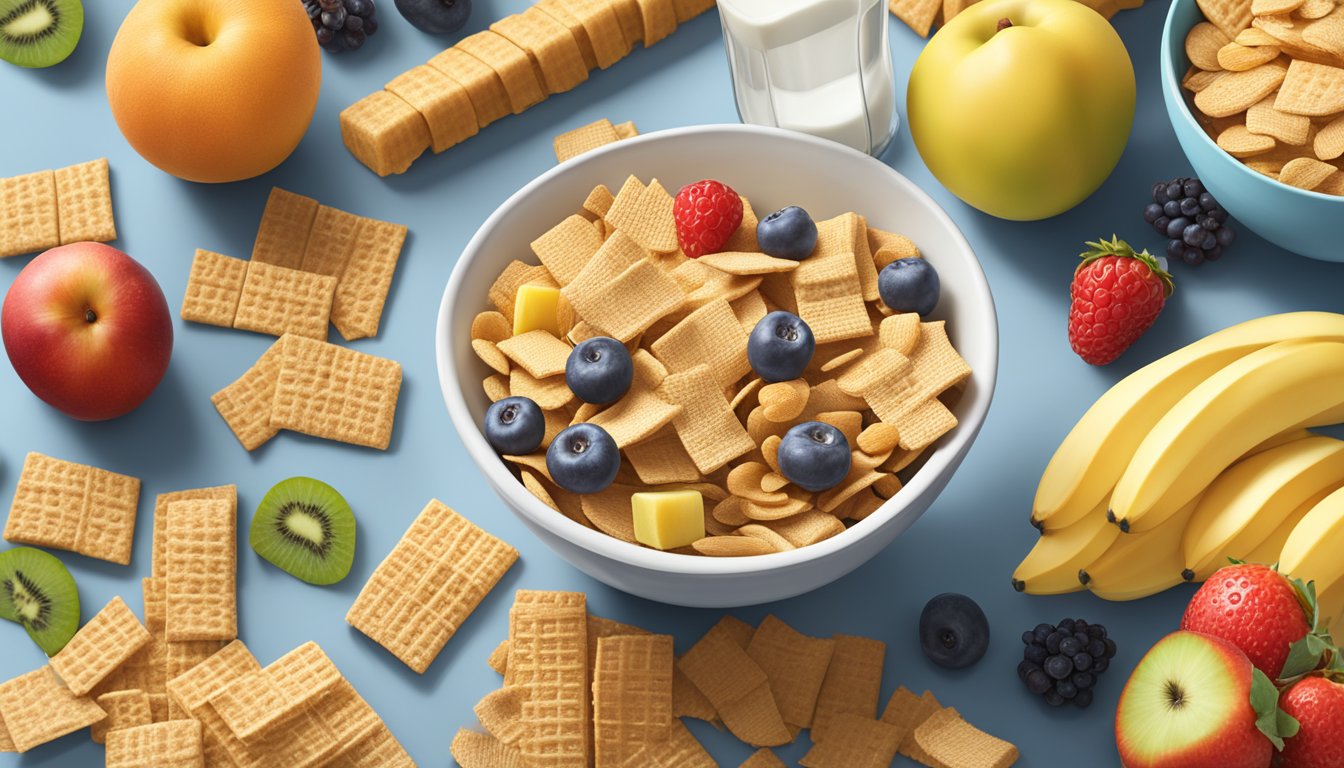 A bowl of Chex and Special K cereal surrounded by fresh fruits and a glass of milk, with a measuring tape and a nutrition label in the background