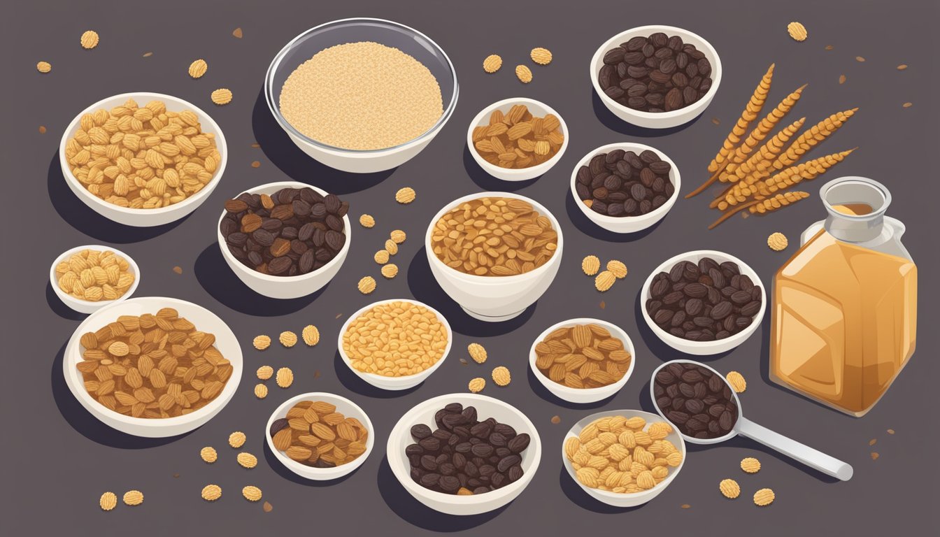 A table with bowls of Chex and Post Raisin Bran, surrounded by scattered grains and a magnifying glass for analysis