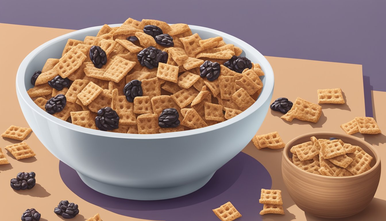 A bowl of Chex cereal with various whole grain ingredients and a box of Post Raisin Bran with added raisins and bran flakes