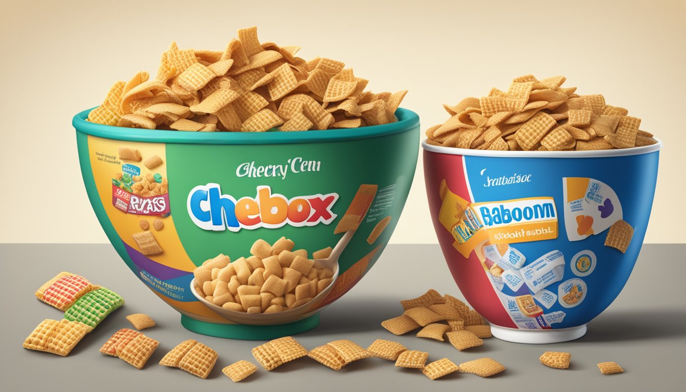 A bowl of Chex and Kaboom cereals side by side, with a measuring tape and nutritional labels in the background