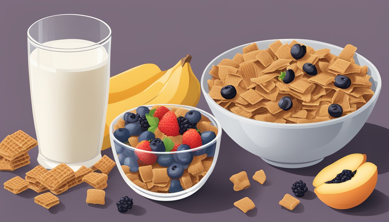 A bowl of Chex cereal next to a bowl of Post Raisin Bran, surrounded by various fruits and a glass of milk, with a measuring tape nearby for comparison