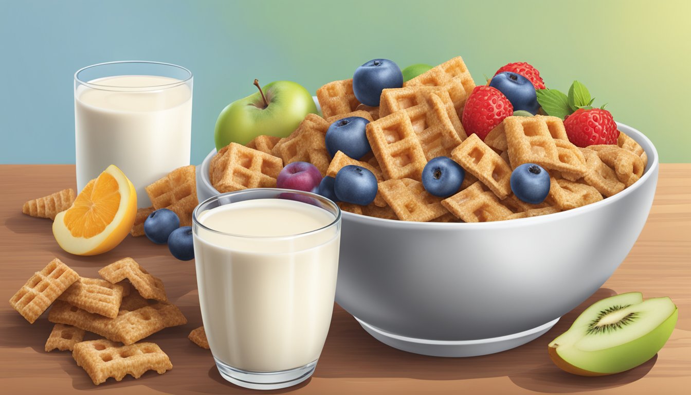 A bowl of Chex and Kaboom cereal side by side, surrounded by various fruits and a glass of milk