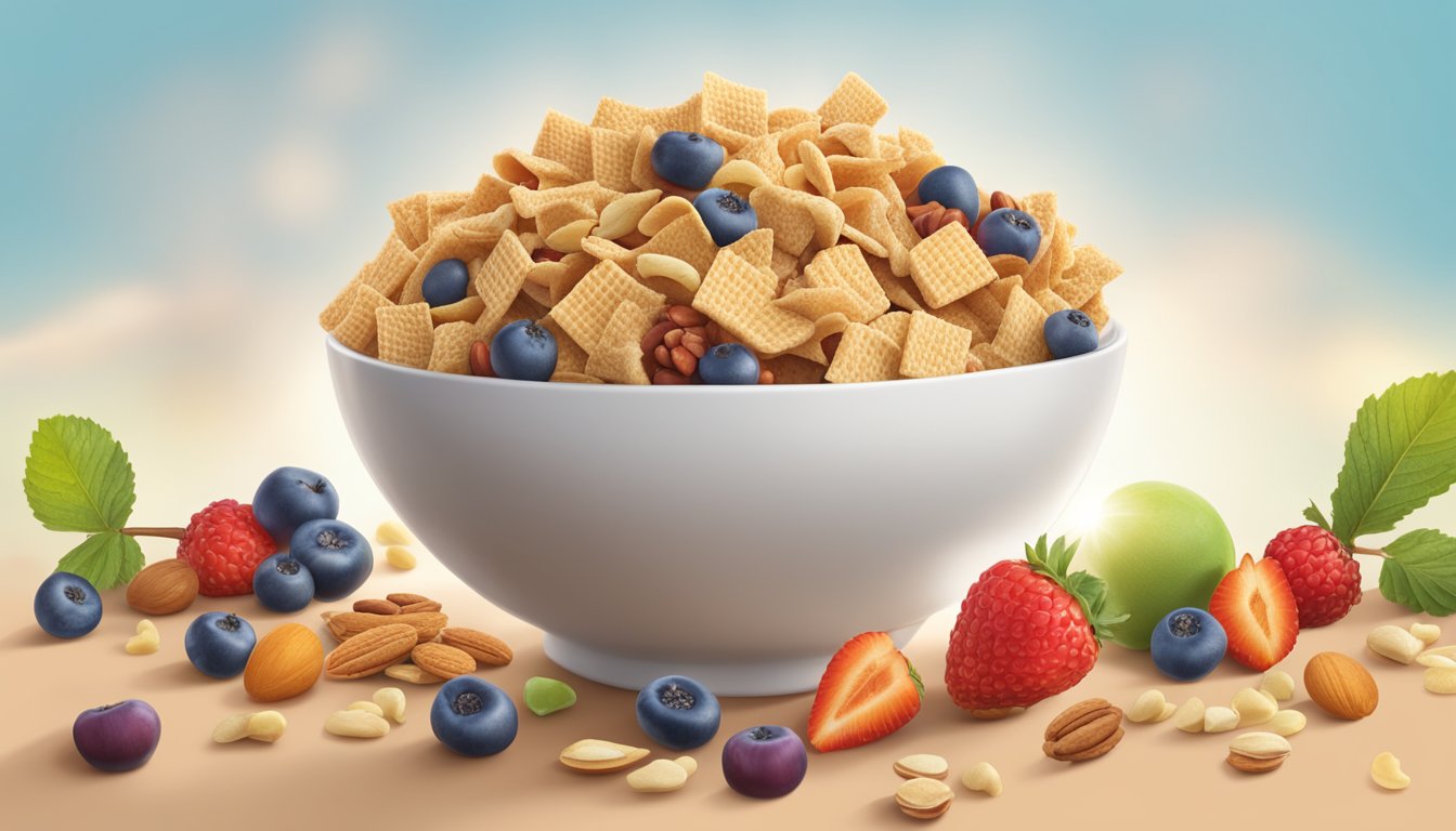 A bowl of Chex and Kaboom cereal side by side, surrounded by various healthy ingredients like fruits and nuts