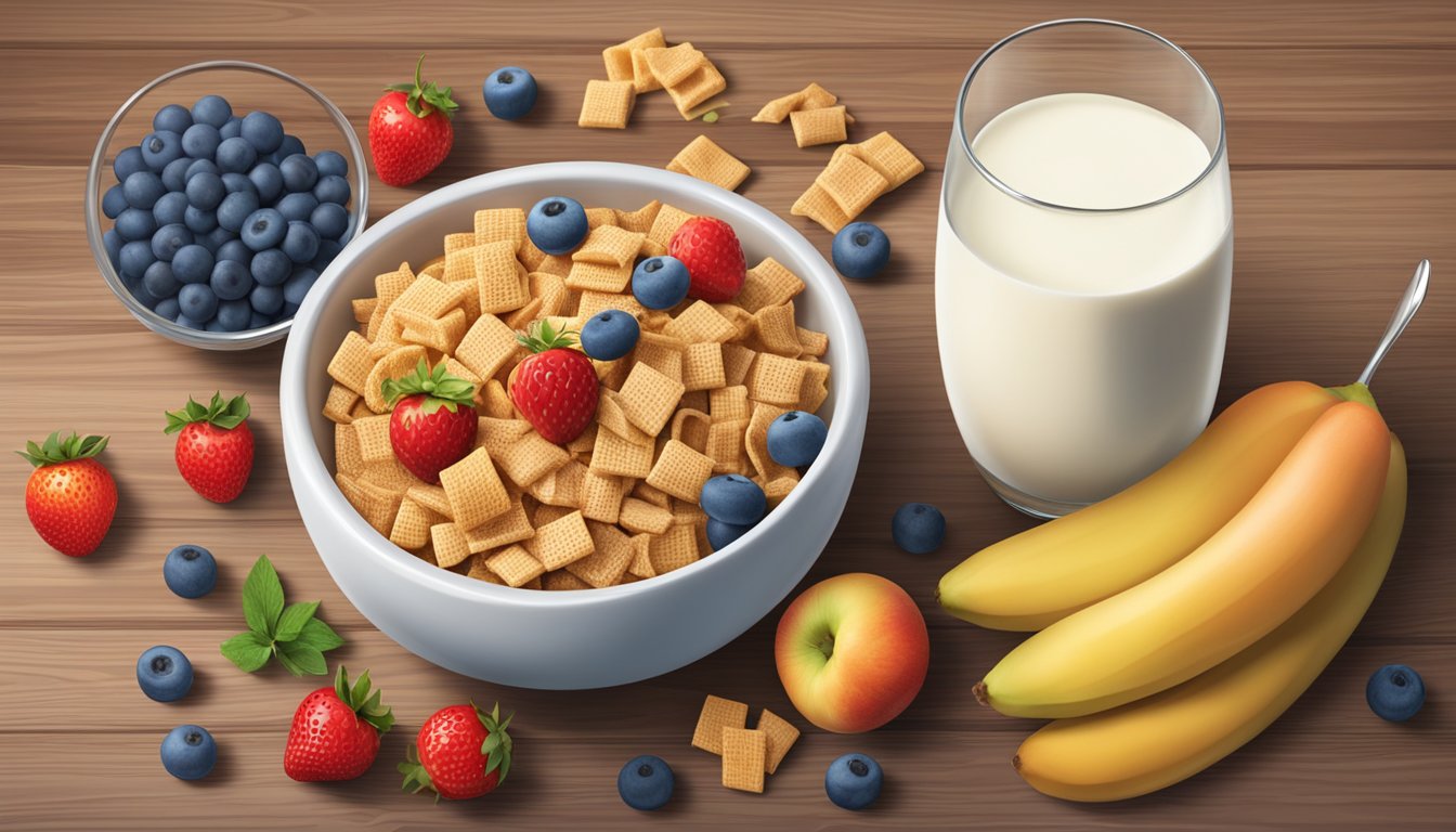 A bowl of Chex and Kaboom cereals surrounded by fresh fruits and a glass of milk on a wooden table