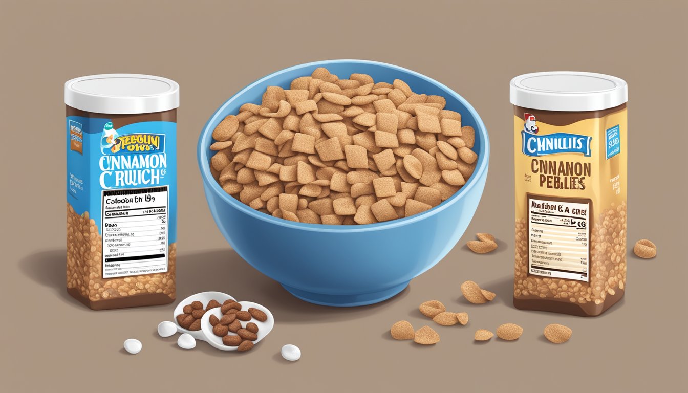 A bowl of cinnamon toast crunch and cocoa pebbles side by side, surrounded by measuring cups and nutrition labels