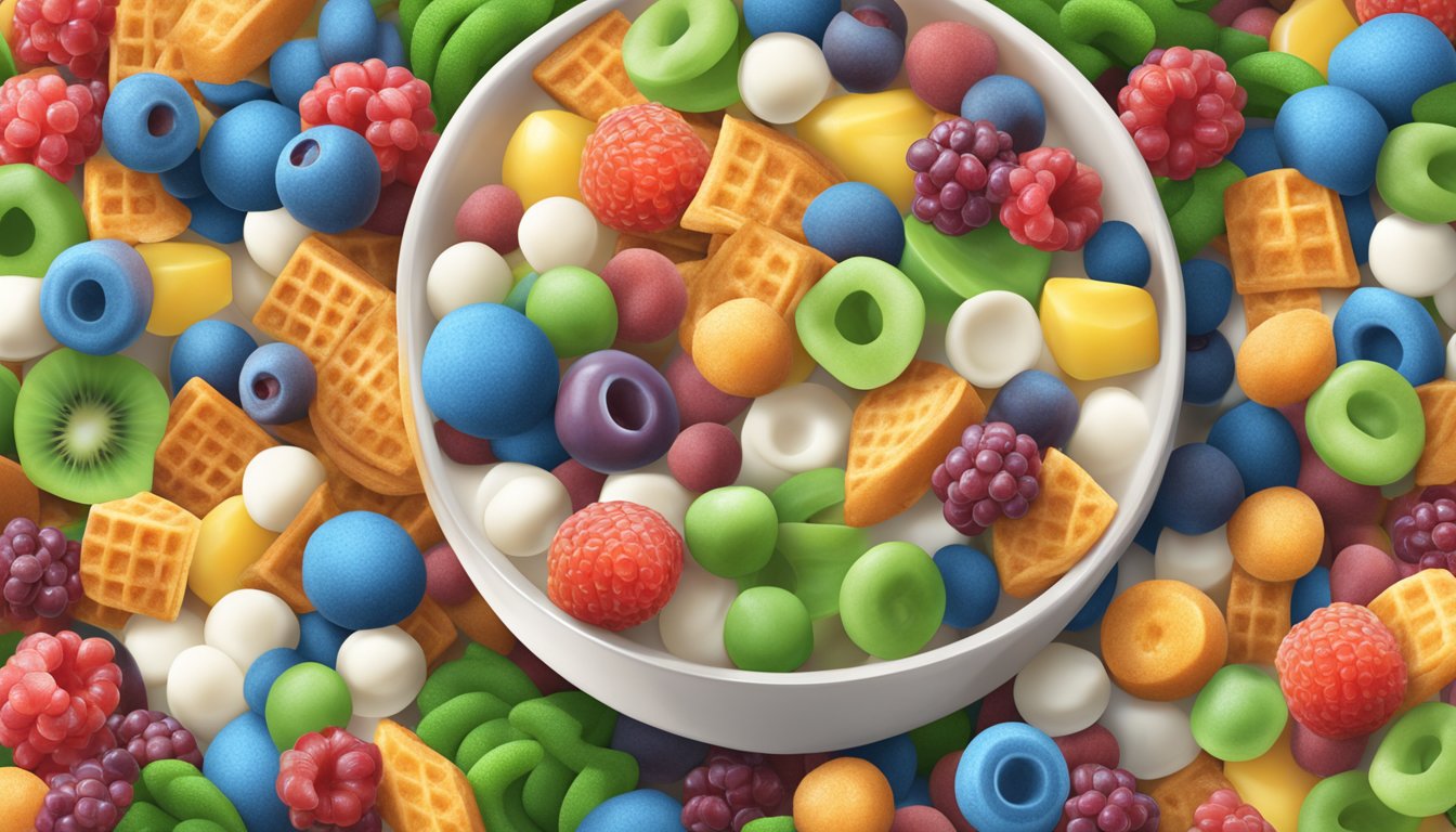 A bowl of Chex and Trix cereal side by side, surrounded by various fruits and a glass of milk