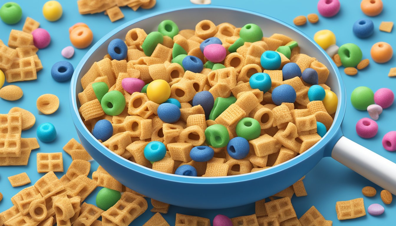 A bowl of Chex and Trix cereal surrounded by scattered ingredients. A nutrition label and magnifying glass sit nearby