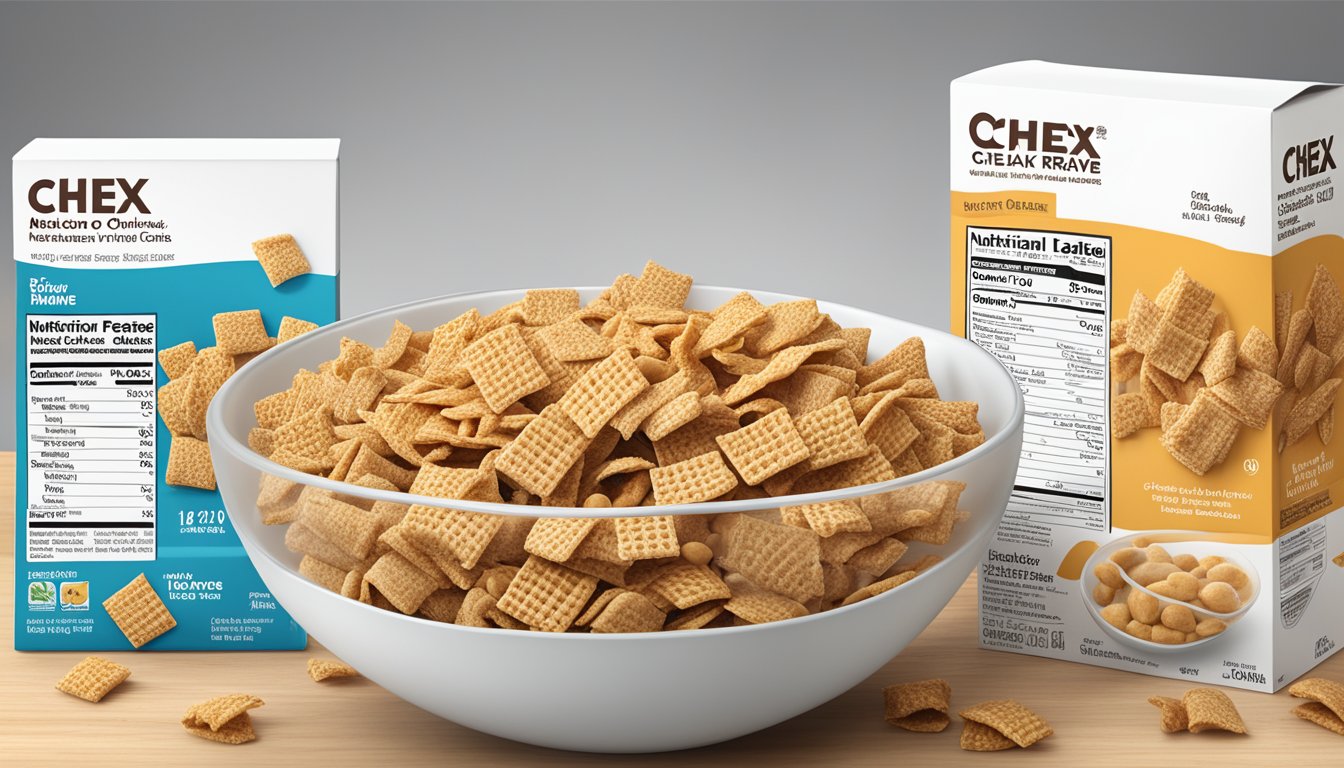 A bowl of Chex and a bowl of Krave cereal next to each other with nutritional information labels displayed