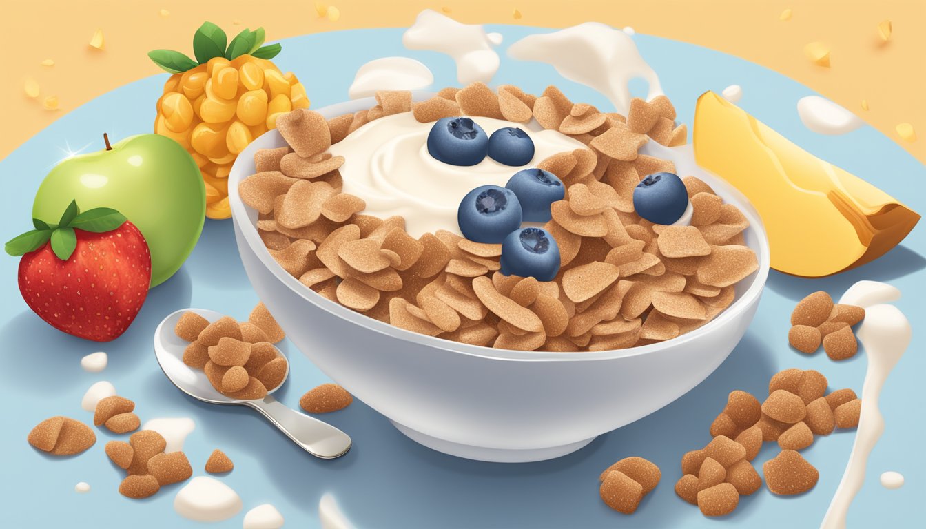 A bowl of cinnamon toast crunch and cocoa pebbles surrounded by fresh fruits and a glass of milk