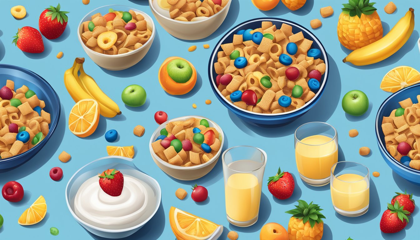 A bowl of Chex and Trix cereal side by side, surrounded by various fruits and a glass of milk