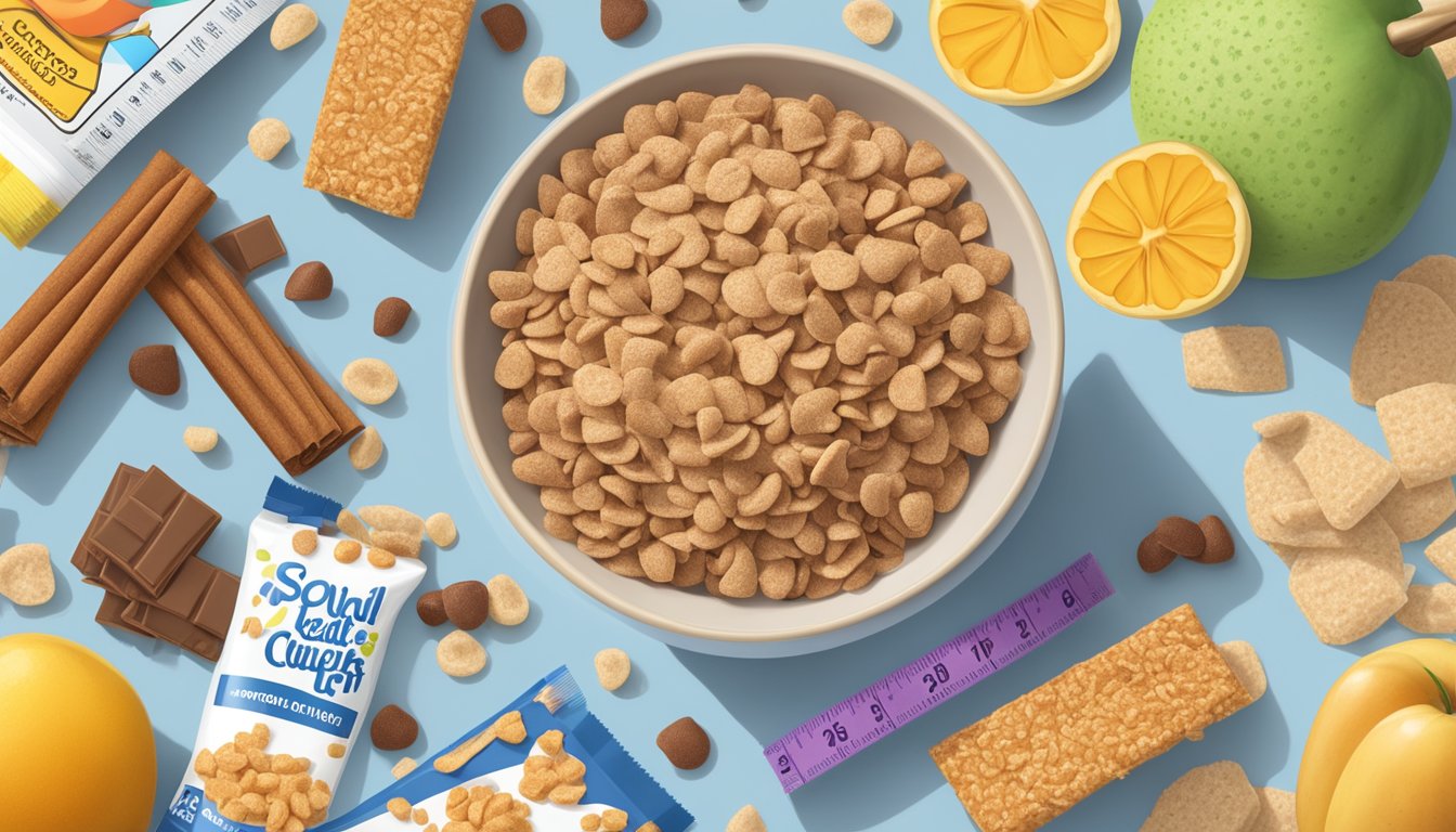 A bowl of Cinnamon Toast Crunch and Cocoa Pebbles next to each other, surrounded by a tape measure, fruits, and a nutrition label