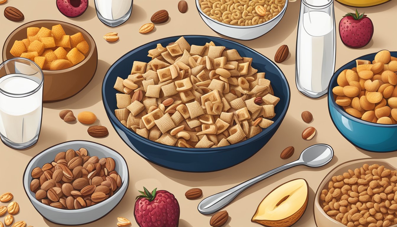 A bowl of Chex and Krave cereal side by side, surrounded by various ingredients such as milk, fruit, and nuts