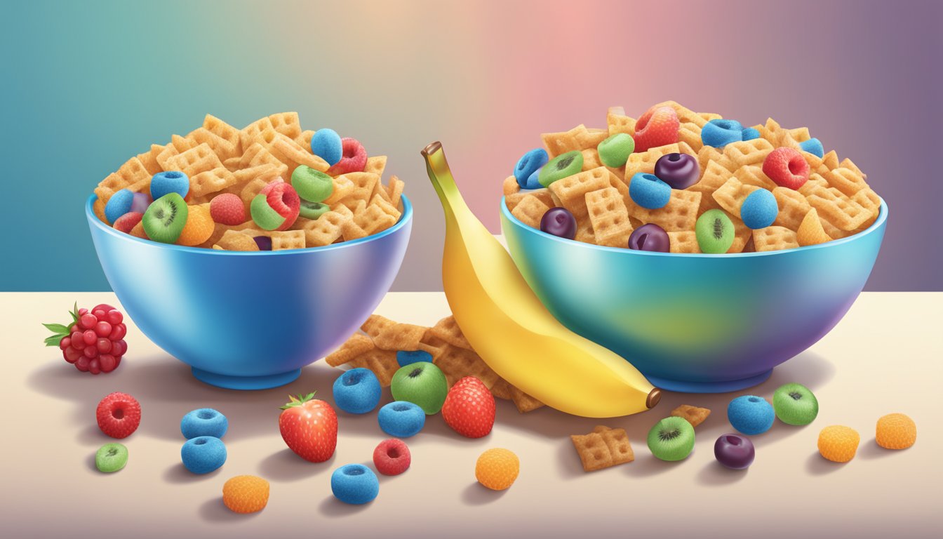 A bowl of Chex and Trix cereal side by side, surrounded by fruits and a glass of milk