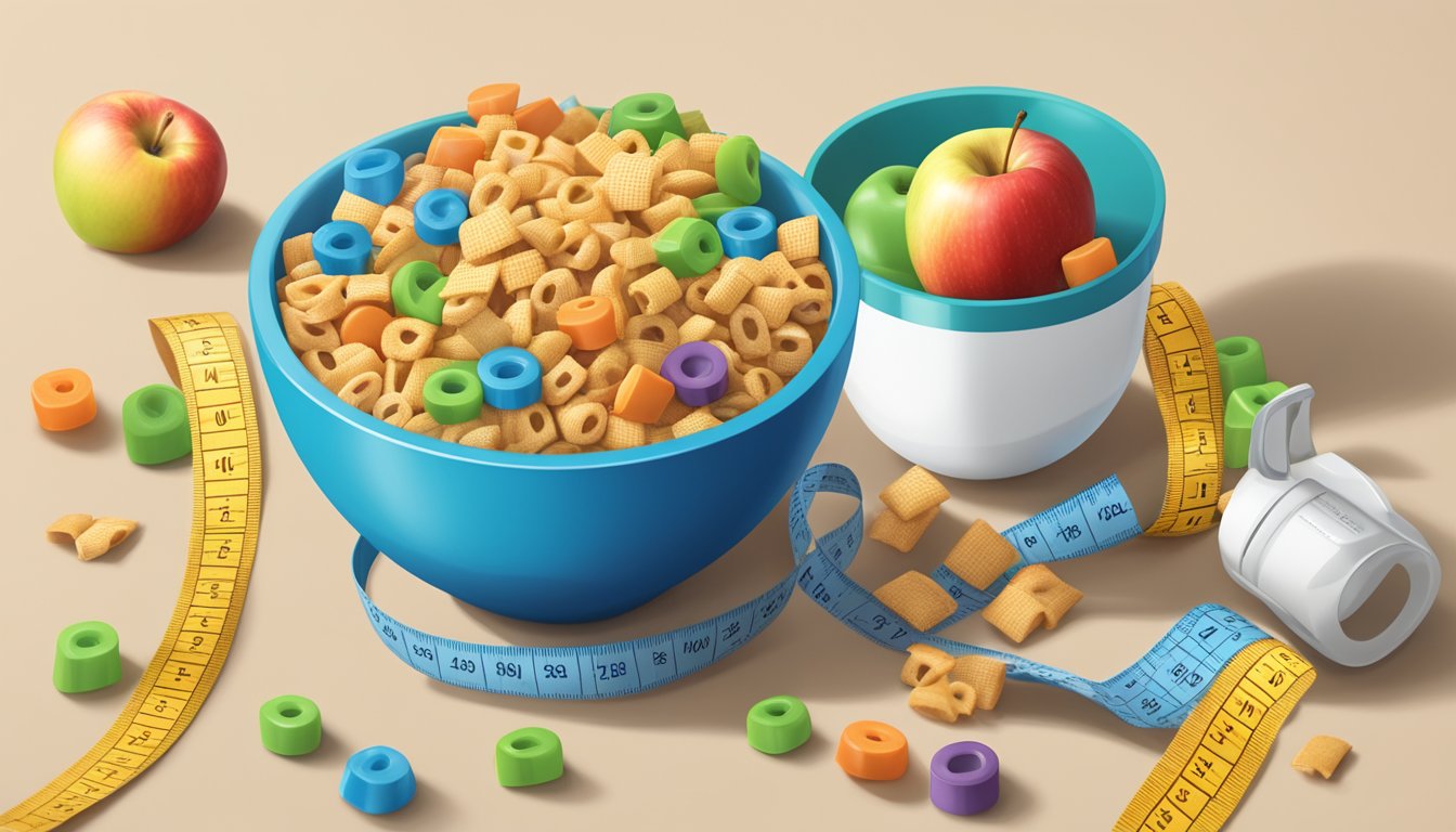 A bowl of Chex and Trix cereal side by side, surrounded by a tape measure, apple, and nutrition label