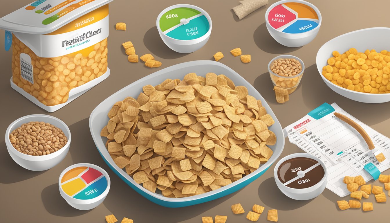 A table with bowls of Chex and Krave cereal, surrounded by nutrition labels, a scale, and a tape measure