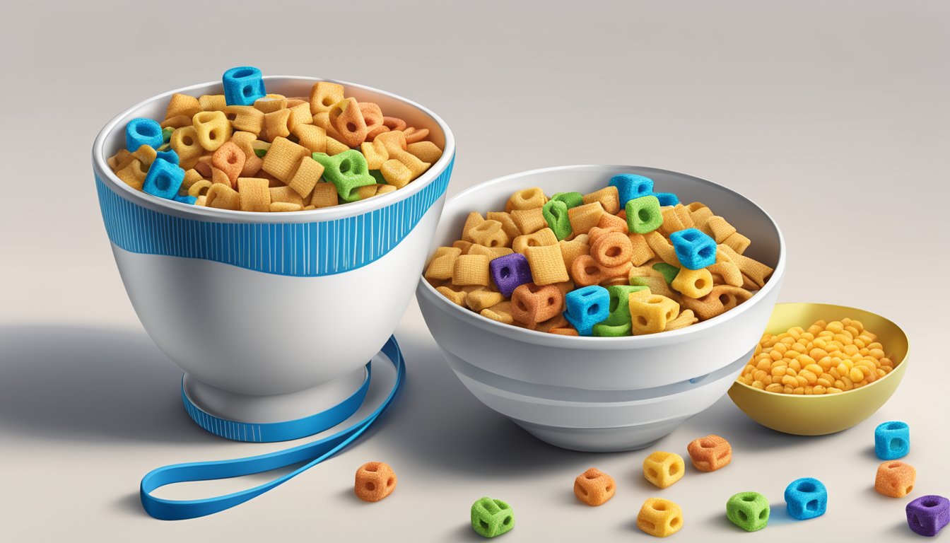 A bowl of Chex and Trix cereal next to each other. A measuring tape and nutritional information visible in the background