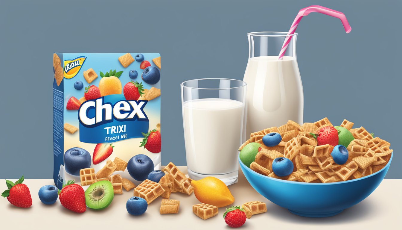 A bowl of Chex and Trix cereal side by side, surrounded by fresh fruit and a glass of milk