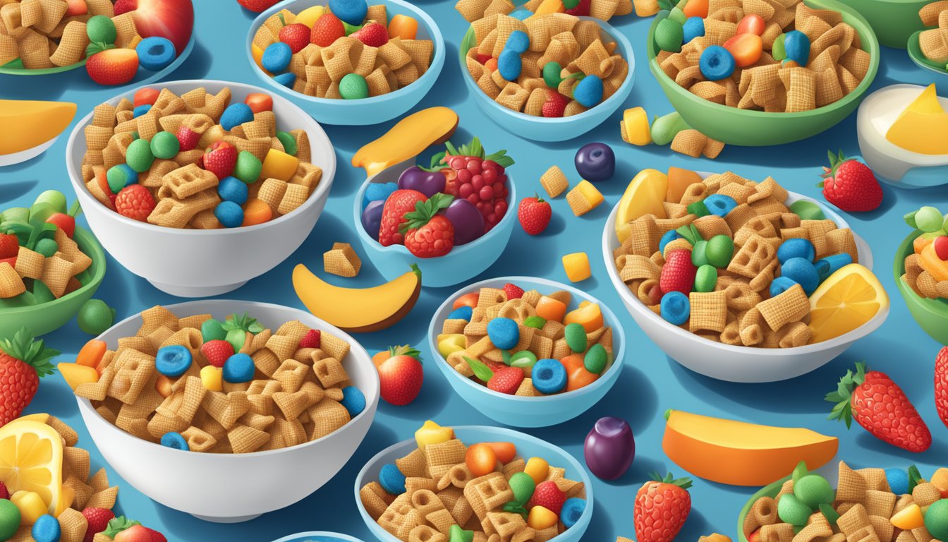 A bowl of Chex and Trix cereal side by side, with a glass of milk and a spoon, set against a backdrop of fruits and vegetables