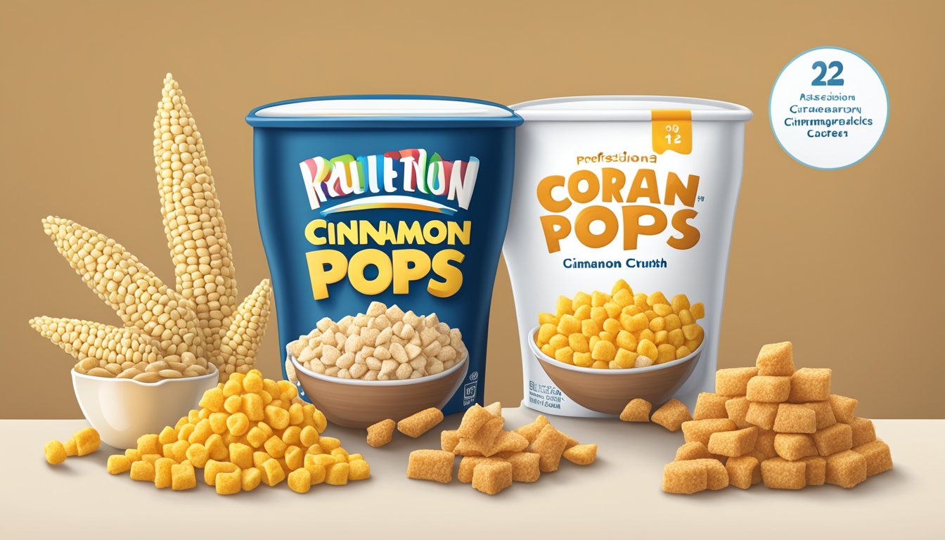 A bowl of cinnamon toast crunch and corn pops next to each other, with a nutrition label beside each