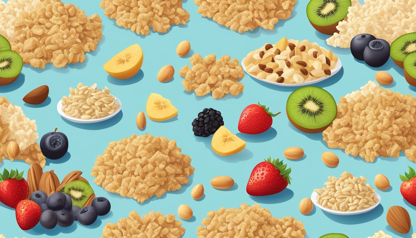 A comparison of Chex and Rice Krispies surrounded by various healthy ingredients like fruits, nuts, and seeds