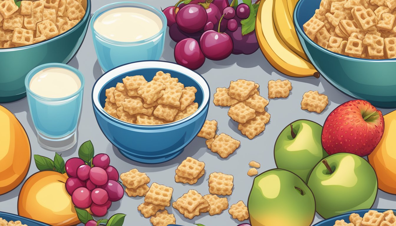 A bowl of Chex and a bowl of Rice Krispies surrounded by various fruits and a glass of milk