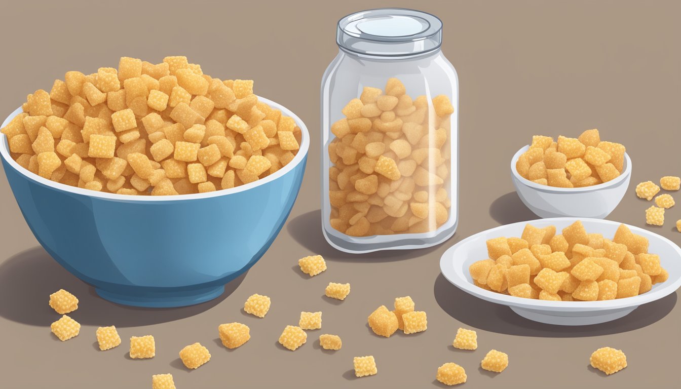 A bowl of Cinnamon Toast Crunch and a bowl of Corn Pops side by side, with a measuring tape and a nutrition label in the background