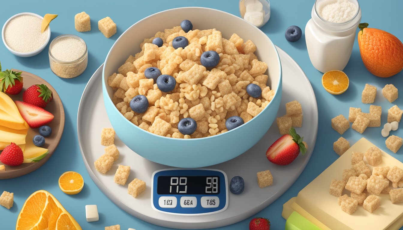 A bowl of Chex and Rice Krispies surrounded by various fruits and dietary supplements, with a nutrition label and a scale in the background