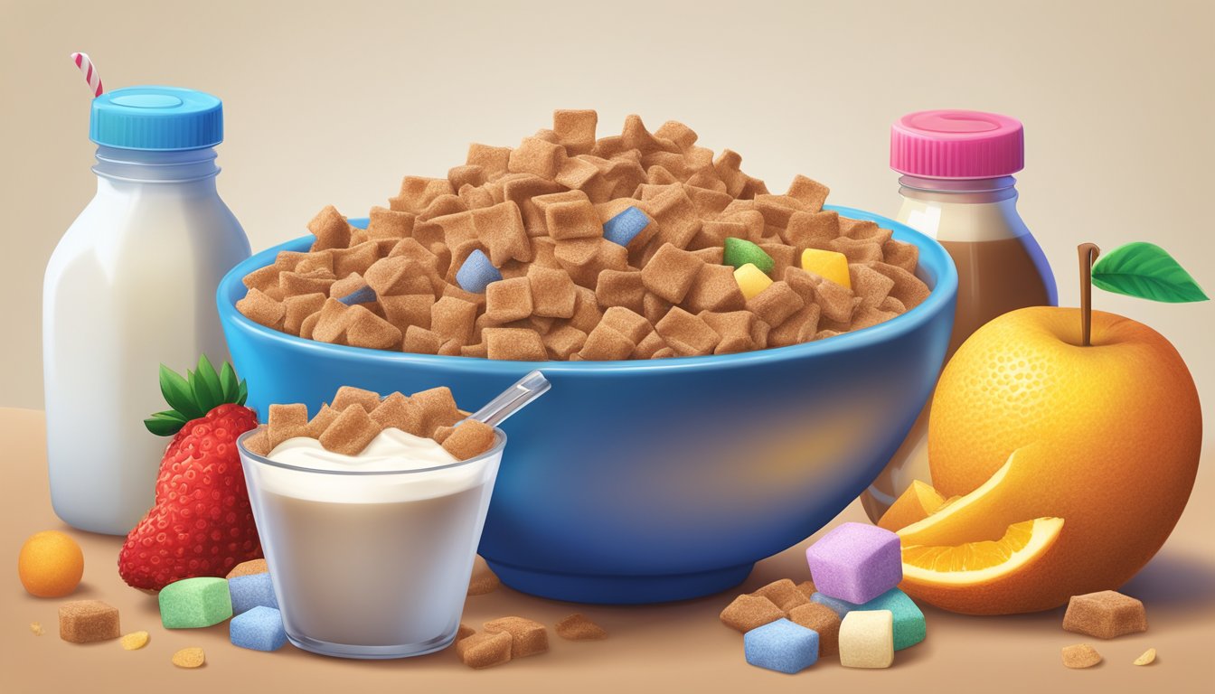 A bowl of cinnamon toast crunch and cocoa puffs sit side by side with milk pouring over them, surrounded by a variety of colorful fruits and a measuring tape to symbolize health and nutrition