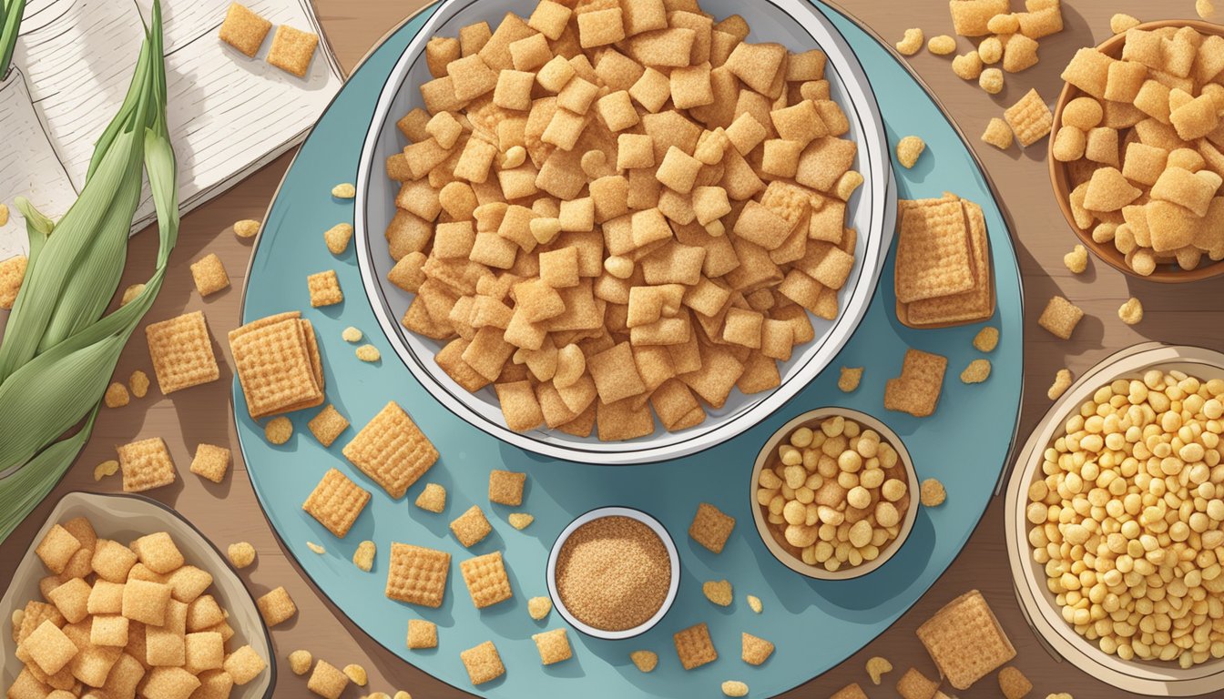 A bowl of Cinnamon Toast Crunch next to a bowl of Corn Pops, surrounded by images of healthy ingredients and ethical farming practices