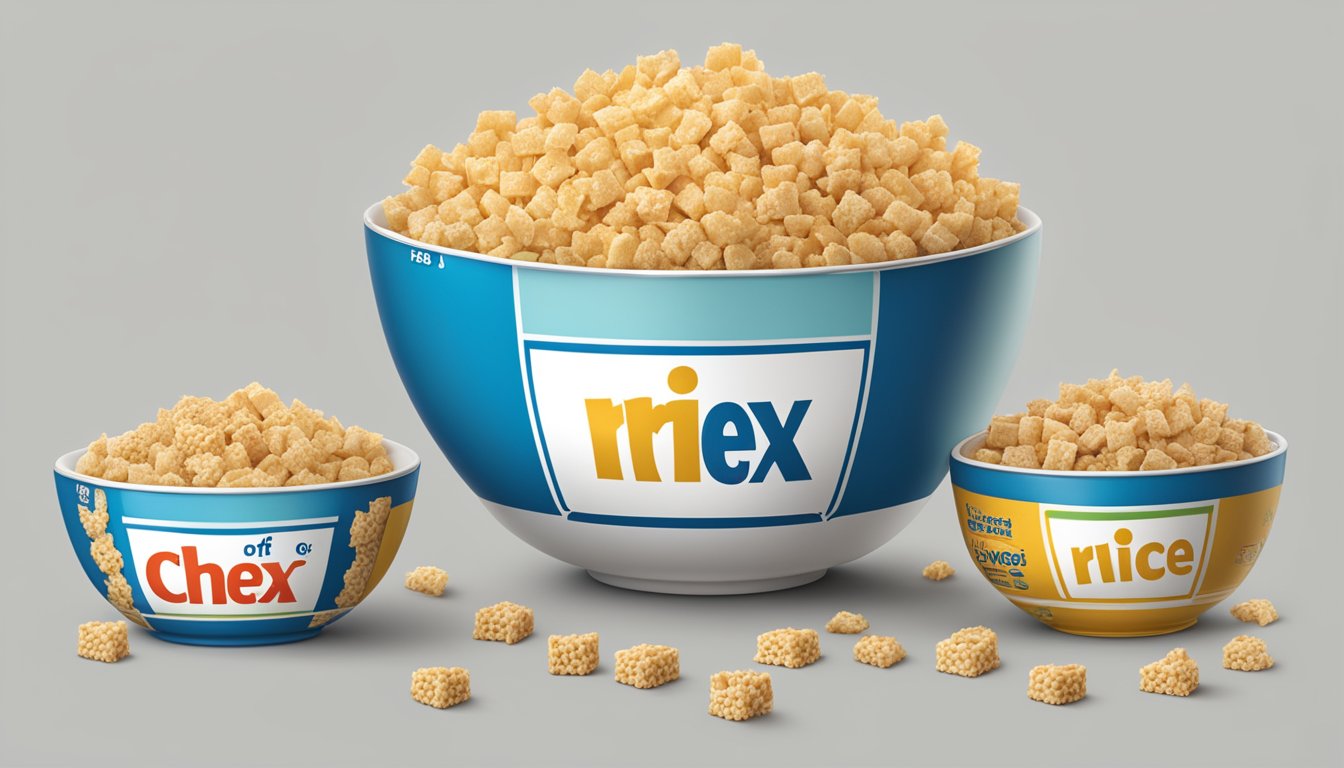 A bowl of Chex and Rice Krispies with a measuring tape wrapped around them, showcasing the comparison of their sizes