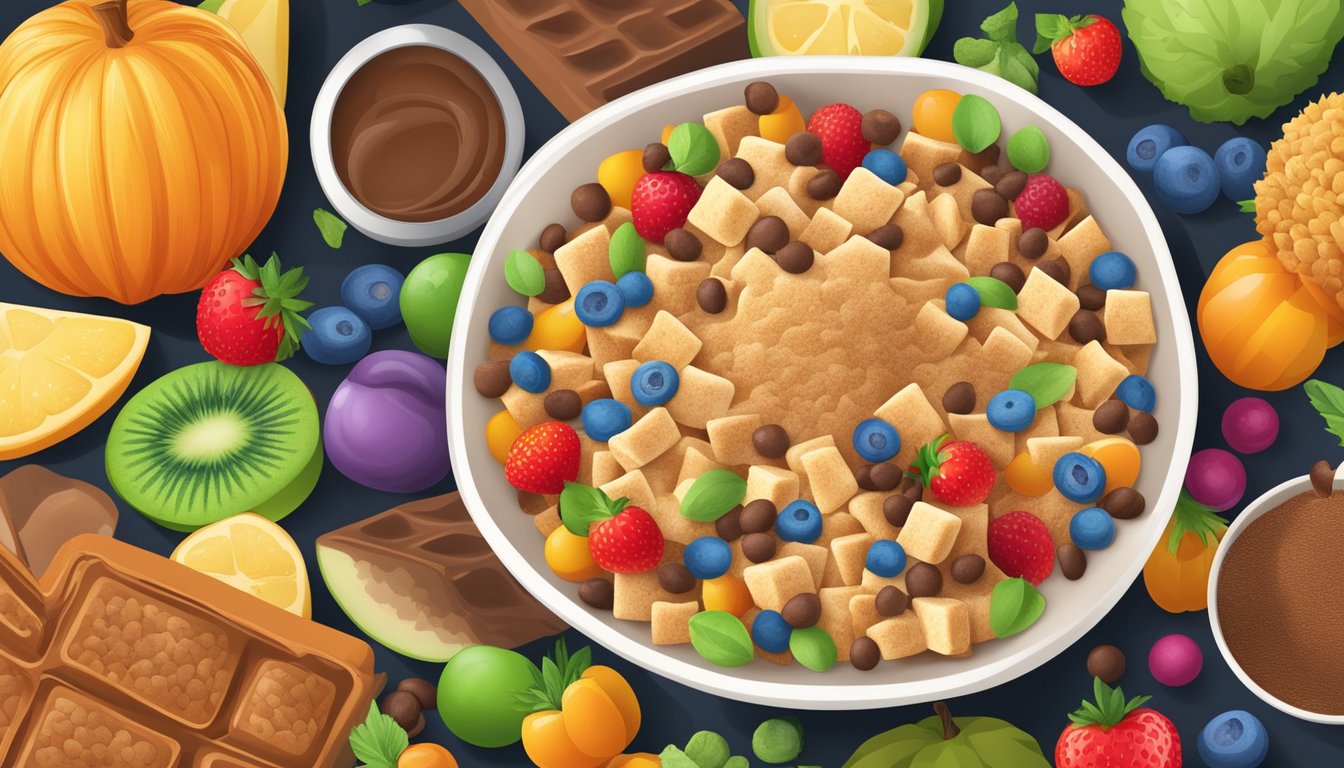 A bowl of cinnamon toast crunch and cocoa puffs surrounded by colorful fruits and vegetables, with vitamin and mineral supplements nearby