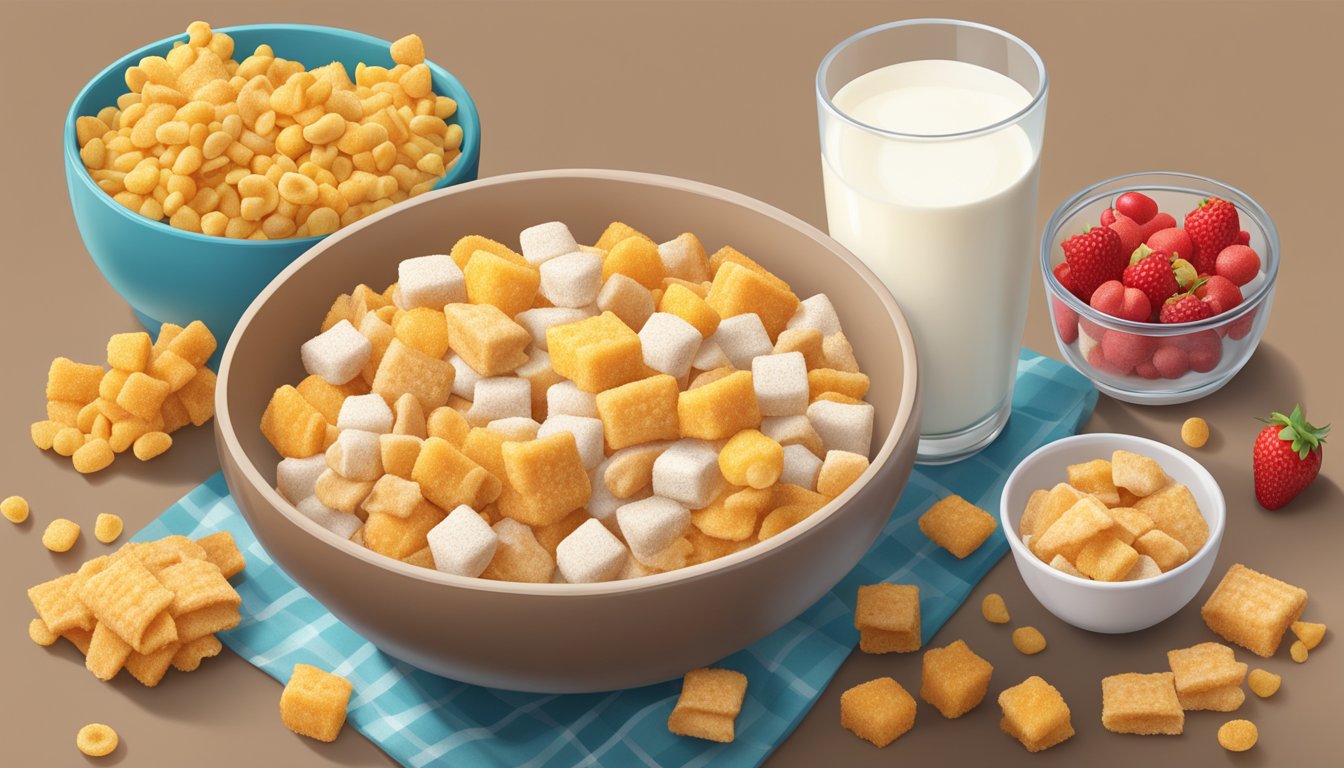 A bowl of Cinnamon Toast Crunch and Corn Pops side by side, surrounded by a variety of fresh fruits and a glass of milk