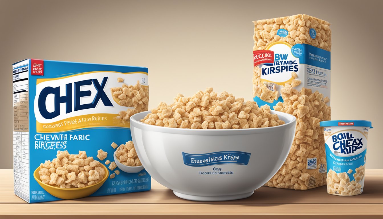 A bowl of Chex and a bowl of Rice Krispies next to their respective packaging, surrounded by measuring cups and nutrition labels